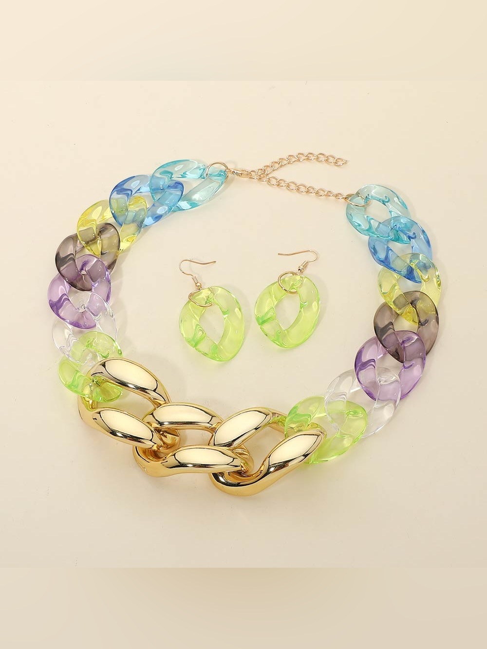 Multicolor Acrylic Chain Necklace & Earrings Set - Gold Accent
